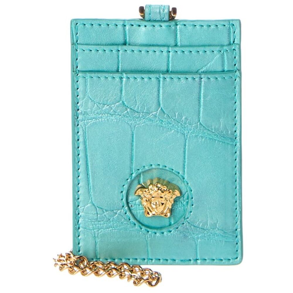 Versace La Medusa Croc-Embossed Leather Card Holder On Chain, Blue